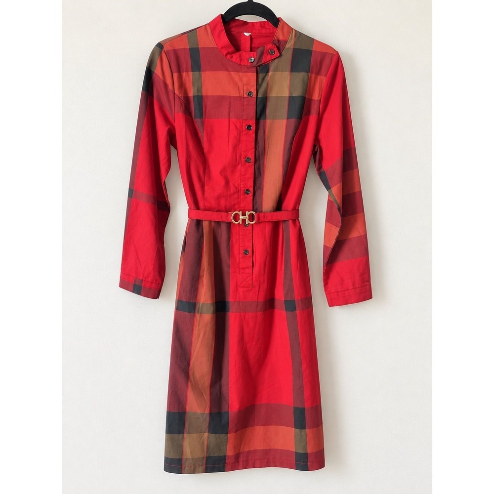 Red Plaid Belted Button-up Dress with Belt